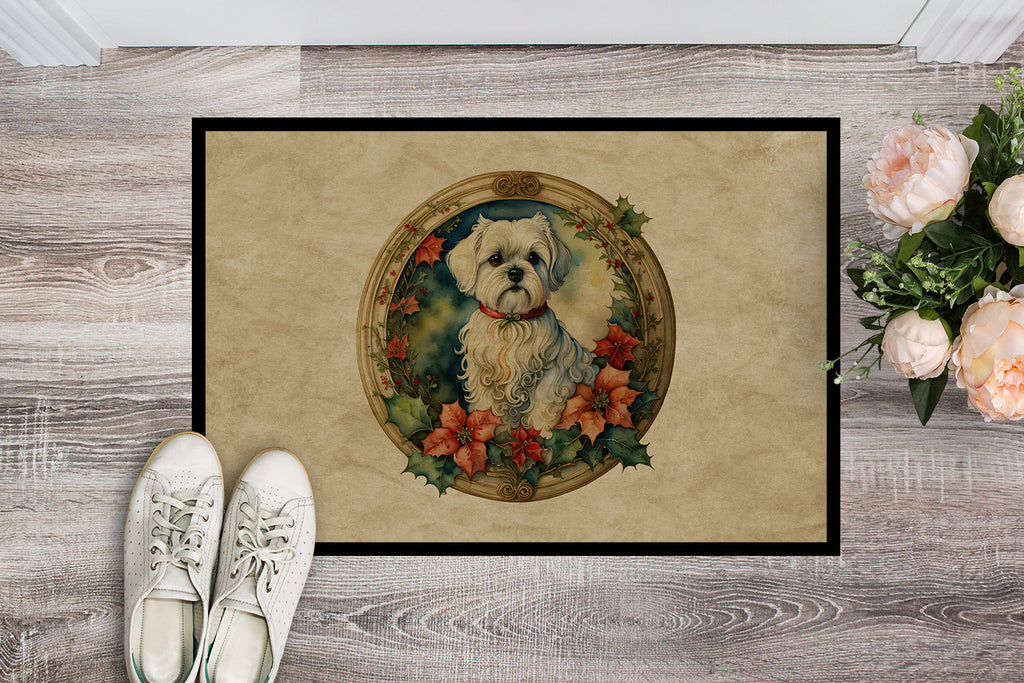 Maltese Christmas Flowers Doormat Indoor Outdoor 18H X 27W Front Door Mat Rugs for Entryway, Non Slip Washable
