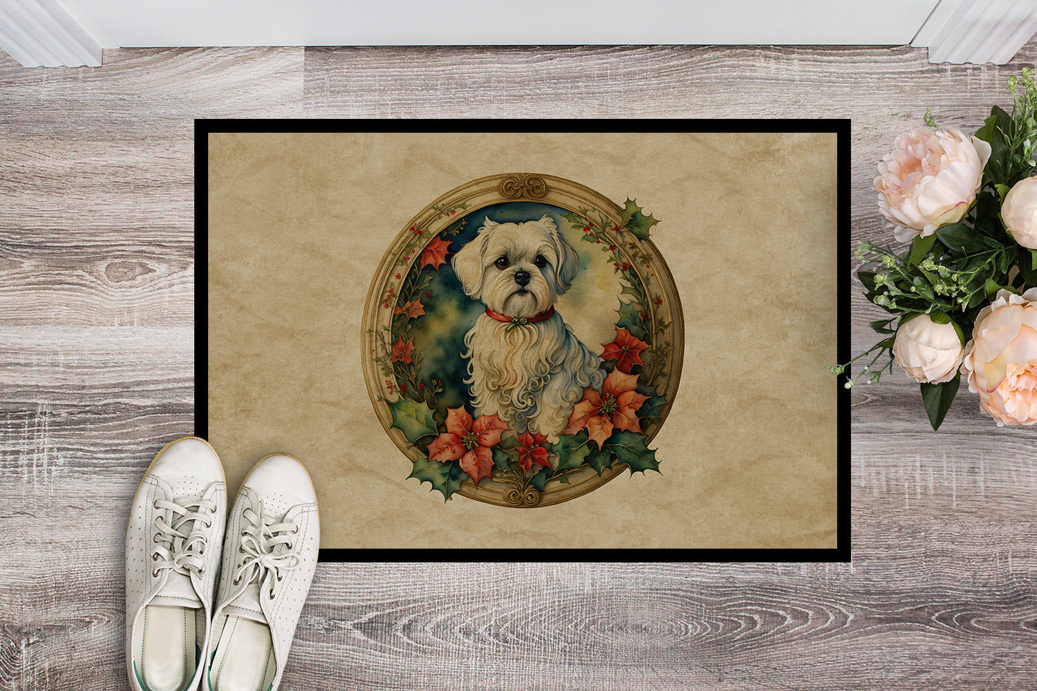 Maltese Christmas Flowers Doormat Indoor Outdoor 18H X 27W Front Door Mat Rugs for Entryway, Non Slip Washable