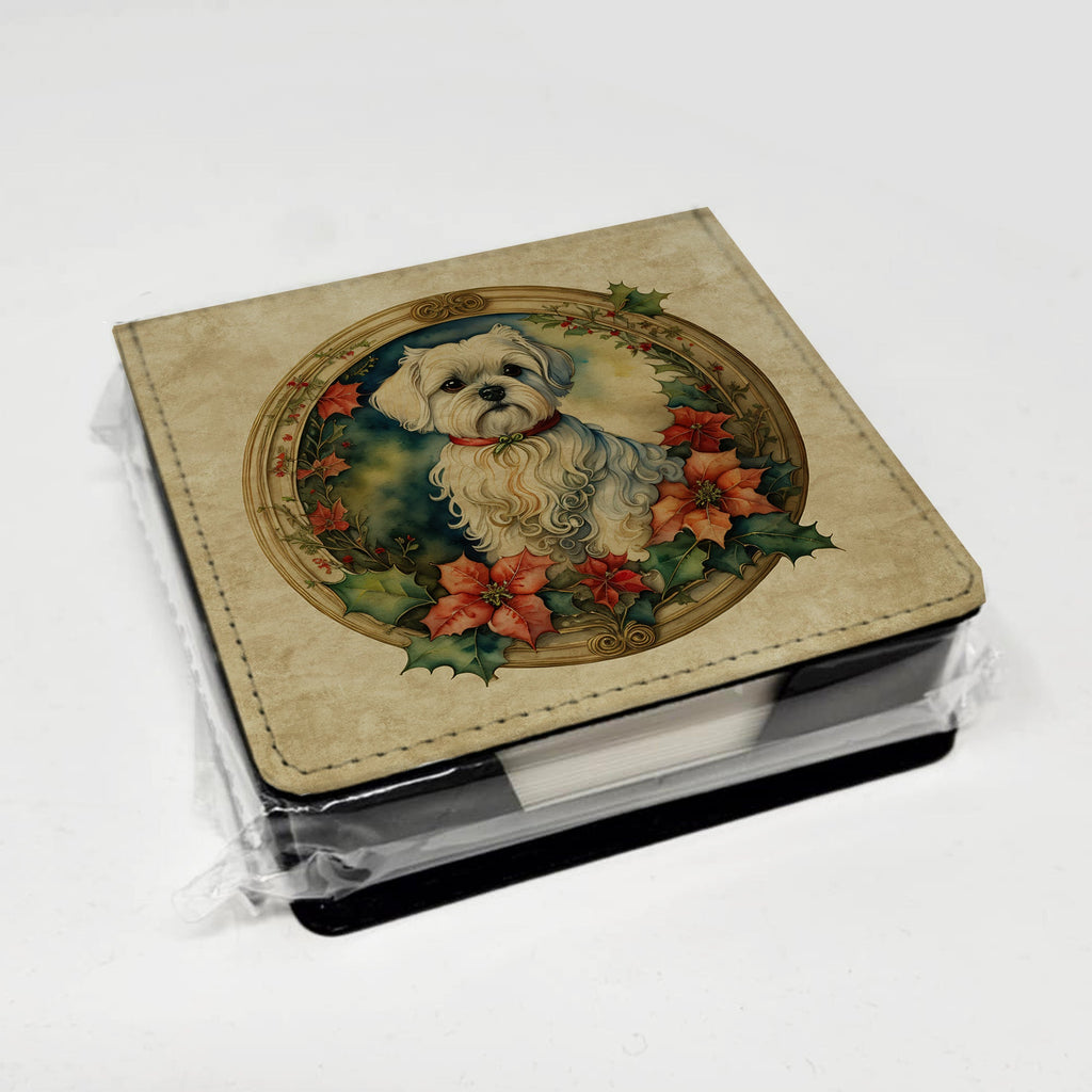 Maltese Christmas Flowers PU Leather Note Paper Holder with Artist-Designed Cover, Desk Accessory, Office Gift