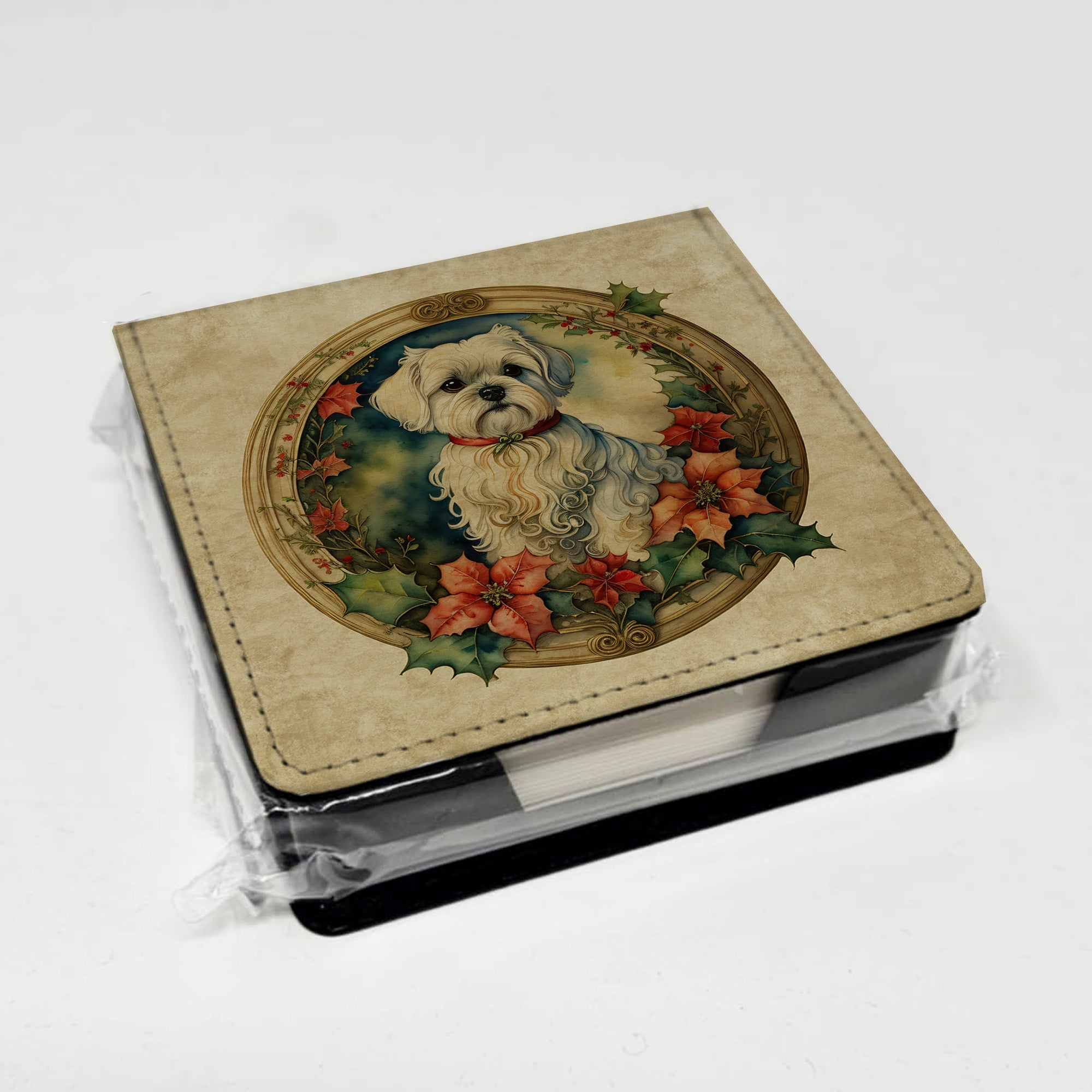 Maltese Christmas Flowers PU Leather Note Paper Holder with Artist-Designed Cover, Desk Accessory, Office Gift