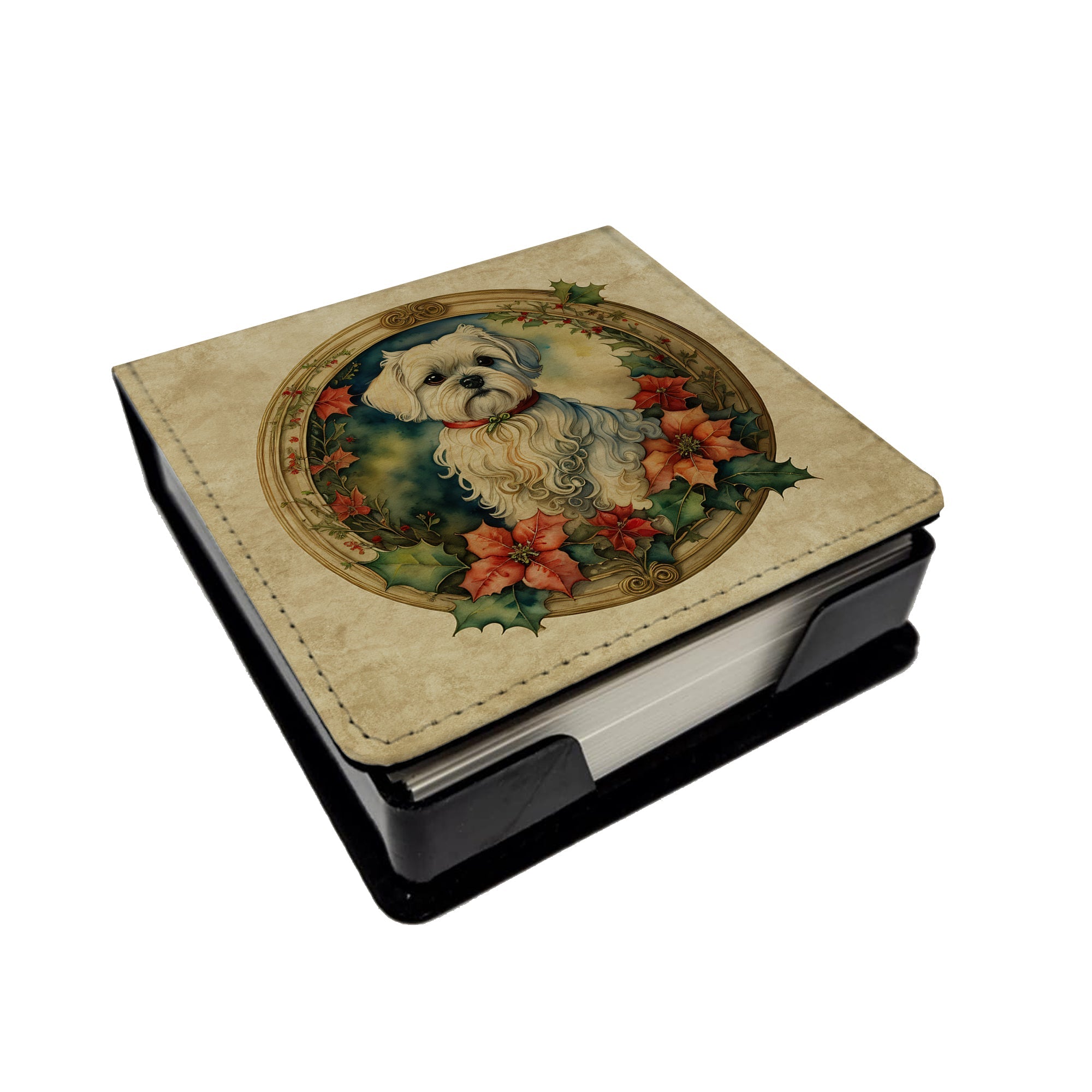 Maltese Christmas Flowers PU Leather Note Paper Holder with Artist-Designed Cover, Desk Accessory, Office Gift