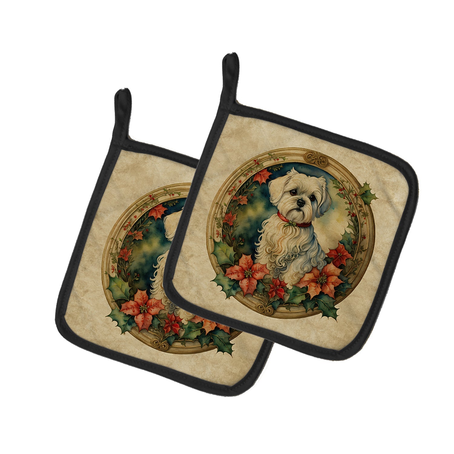 Maltese Christmas Flowers Pot Holder Set of 2 Heat Resistant Quilted Hot Pads 7.5 x 7.5 Inch, Insulated Kitchen Trivets for Cooking & Baking