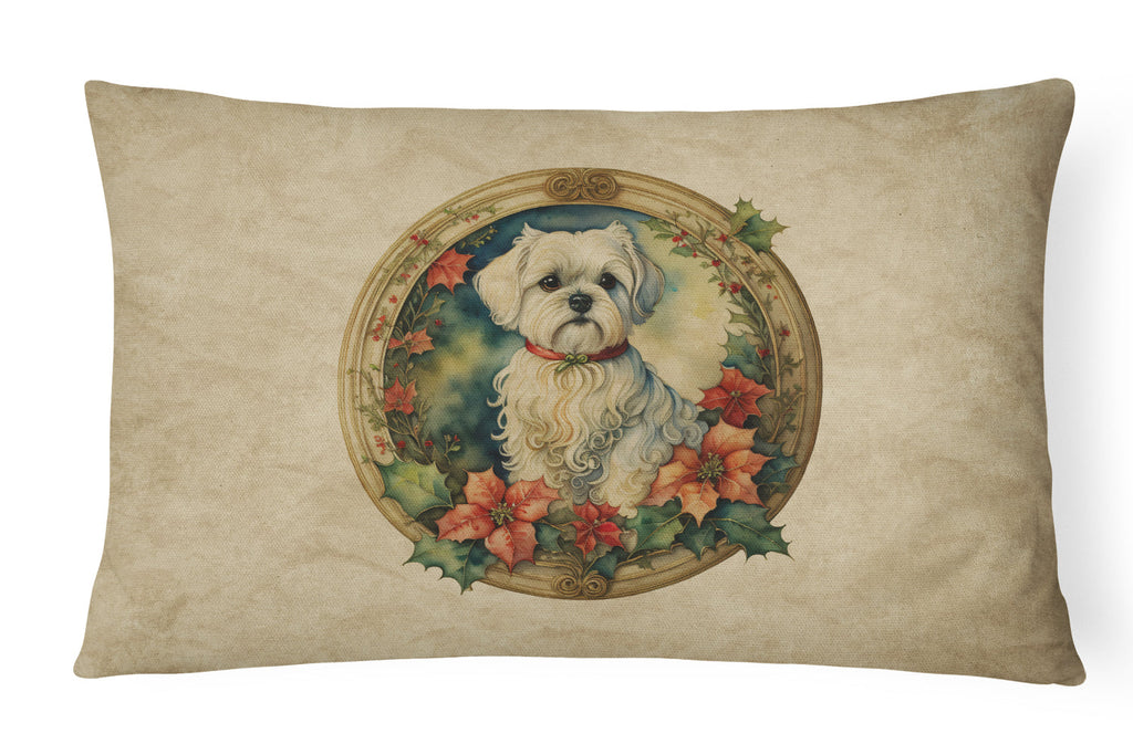 Maltese Christmas Flowers Decorative Throw Pillow 12x16 Indoor Outdoor Accent Cushion, Fabric Cover with Insert for Sofa, Bed, Porch & Living Room