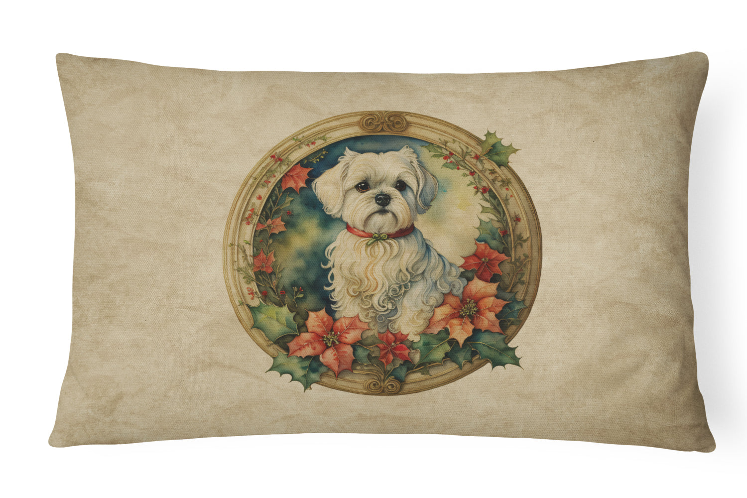 Maltese Christmas Flowers Decorative Throw Pillow 12x16 Indoor Outdoor Accent Cushion, Fabric Cover with Insert for Sofa, Bed, Porch & Living Room