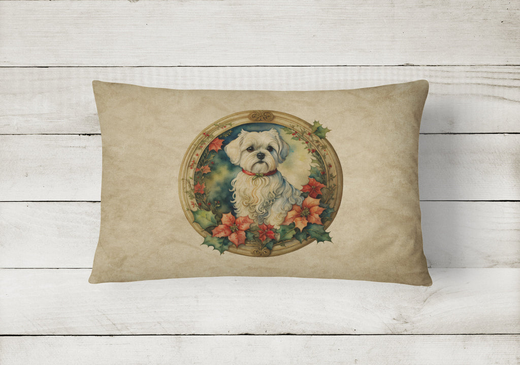 Maltese Christmas Flowers Decorative Throw Pillow 12x16 Indoor Outdoor Accent Cushion, Fabric Cover with Insert for Sofa, Bed, Porch & Living Room