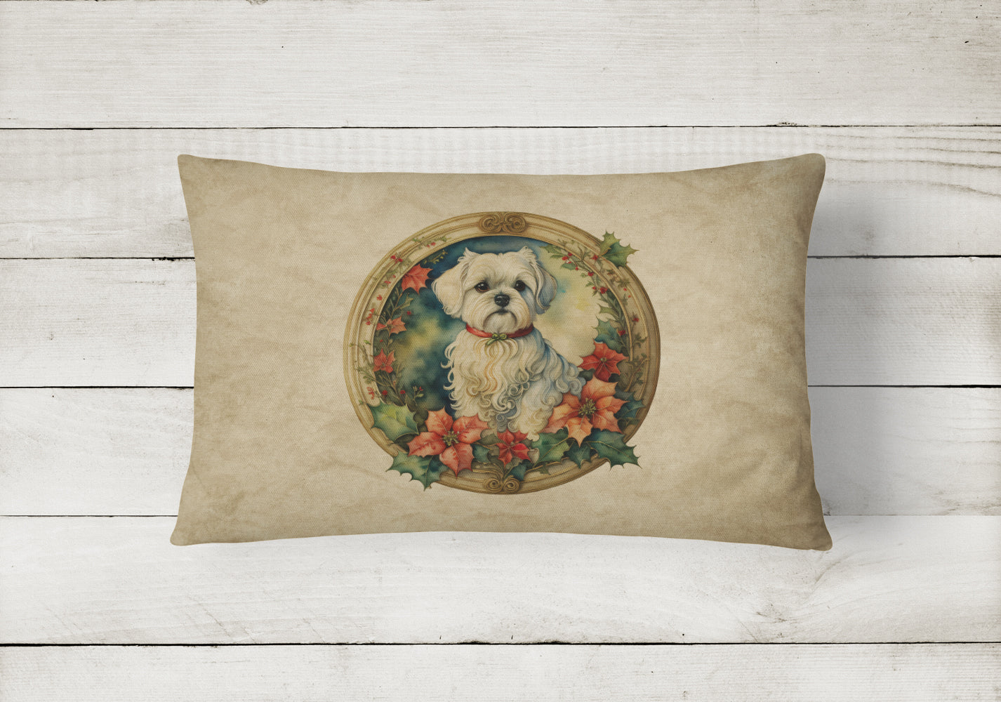 Maltese Christmas Flowers Decorative Throw Pillow 12x16 Indoor Outdoor Accent Cushion, Fabric Cover with Insert for Sofa, Bed, Porch & Living Room
