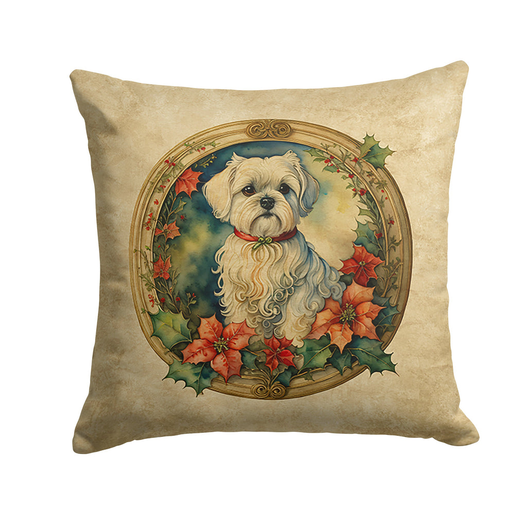 Maltese Christmas Flowers Decorative Throw Pillow 14x14 Indoor Outdoor Accent Cushion, Fabric Cover with Insert for Sofa, Bed, Porch & Living Room