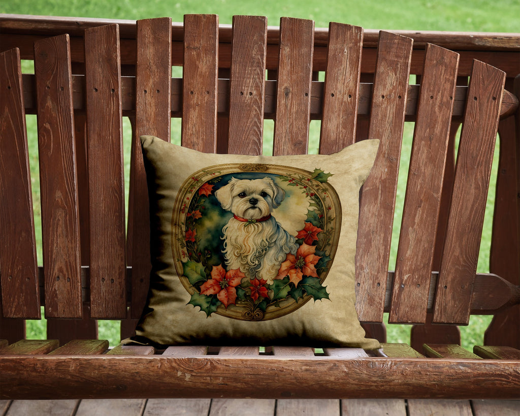 Maltese Christmas Flowers Decorative Throw Pillow 14x14 Indoor Outdoor Accent Cushion, Fabric Cover with Insert for Sofa, Bed, Porch & Living Room