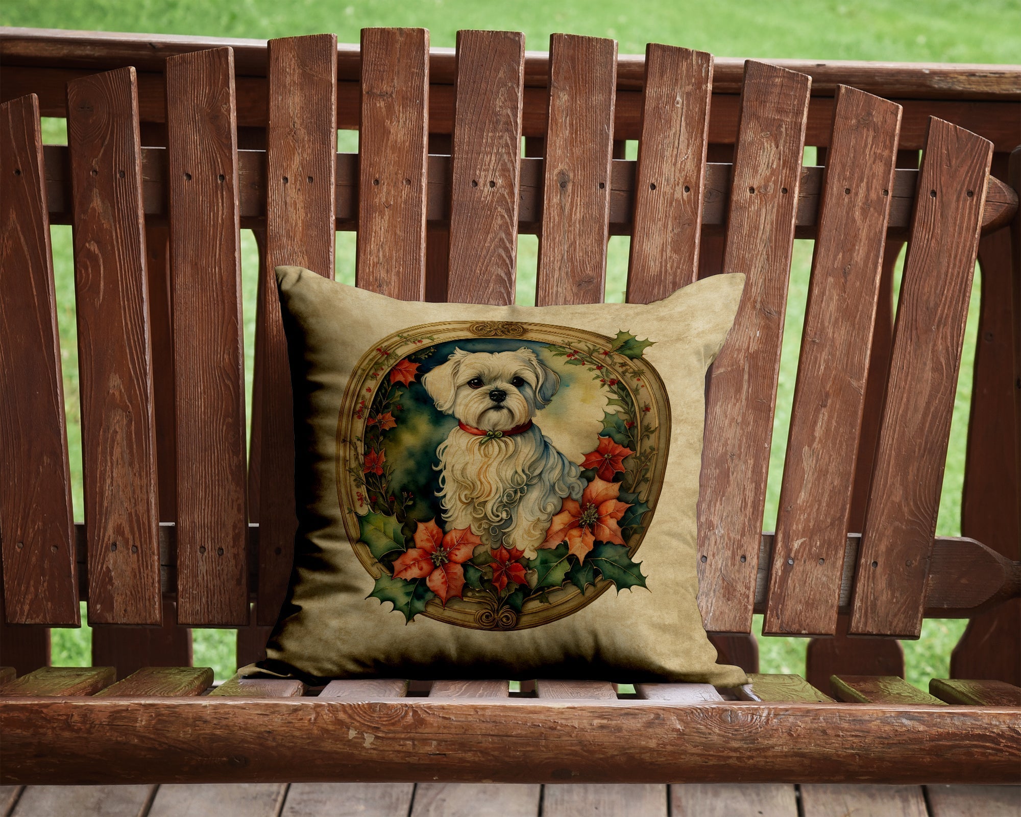 Maltese Christmas Flowers Decorative Throw Pillow 14x14 Indoor Outdoor Accent Cushion, Fabric Cover with Insert for Sofa, Bed, Porch & Living Room