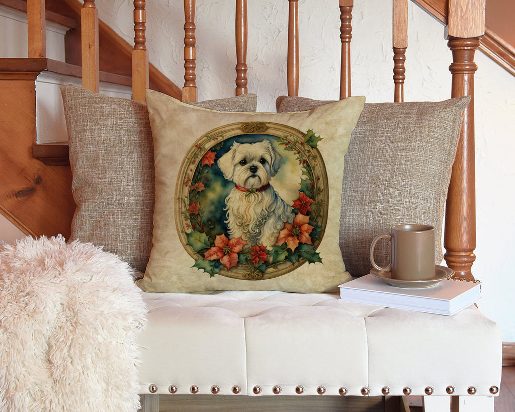 Maltese Christmas Flowers Decorative Throw Pillow 14x14 Indoor Outdoor Accent Cushion, Fabric Cover with Insert for Sofa, Bed, Porch & Living Room