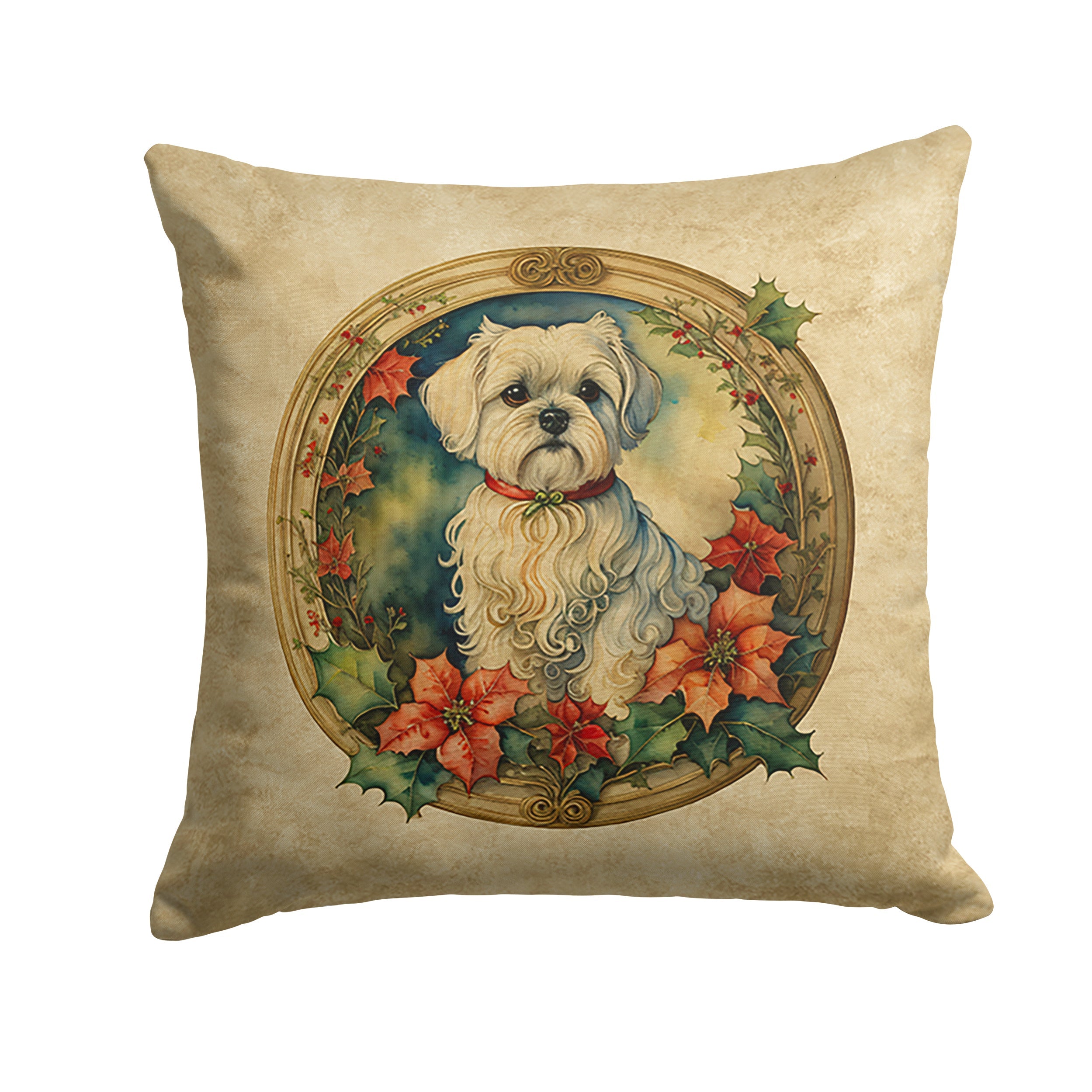 Maltese Christmas Flowers Decorative Throw Pillow 18x18 Indoor Outdoor Accent Cushion, Fabric Cover with Insert for Sofa, Bed, Porch & Living Room