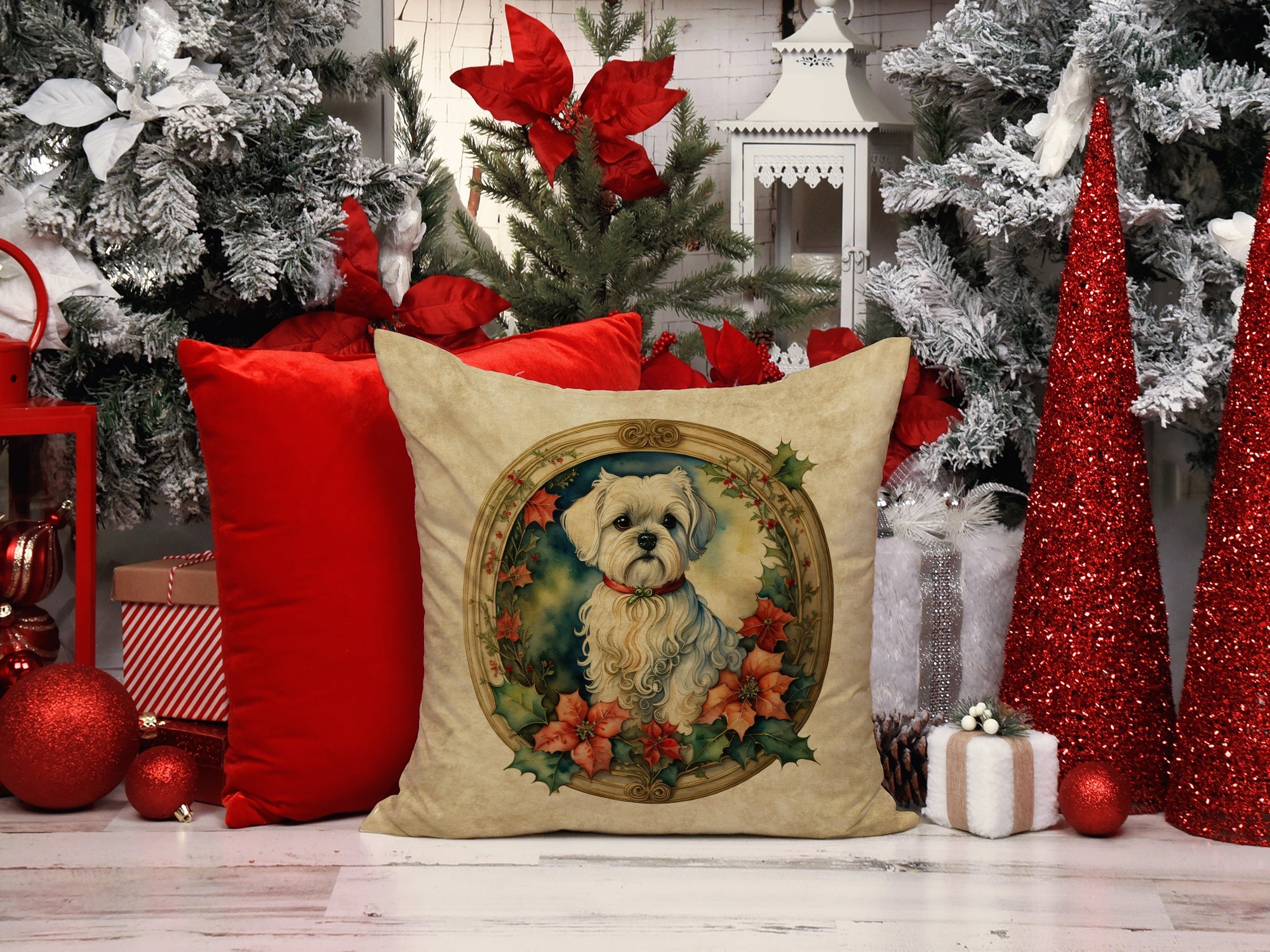 Maltese Christmas Flowers Decorative Throw Pillow 18x18 Indoor Outdoor Accent Cushion, Fabric Cover with Insert for Sofa, Bed, Porch & Living Room