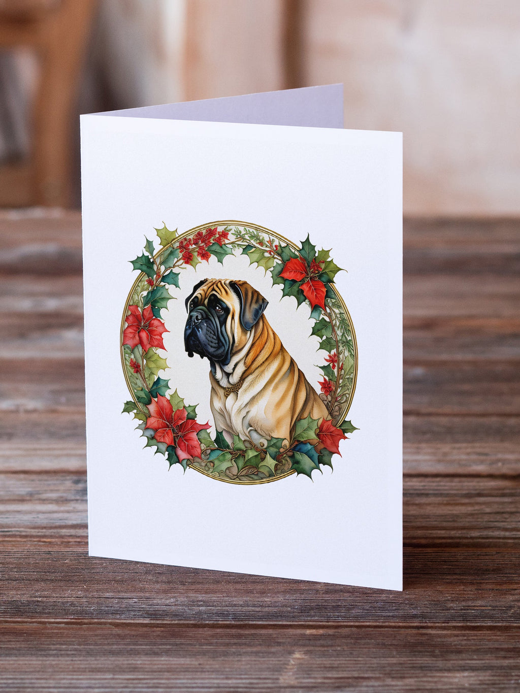 Mastiff Christmas Flowers Greeting Cards Pack of 8 Blank Cards with Envelopes Whimsical A7 Size 5x7