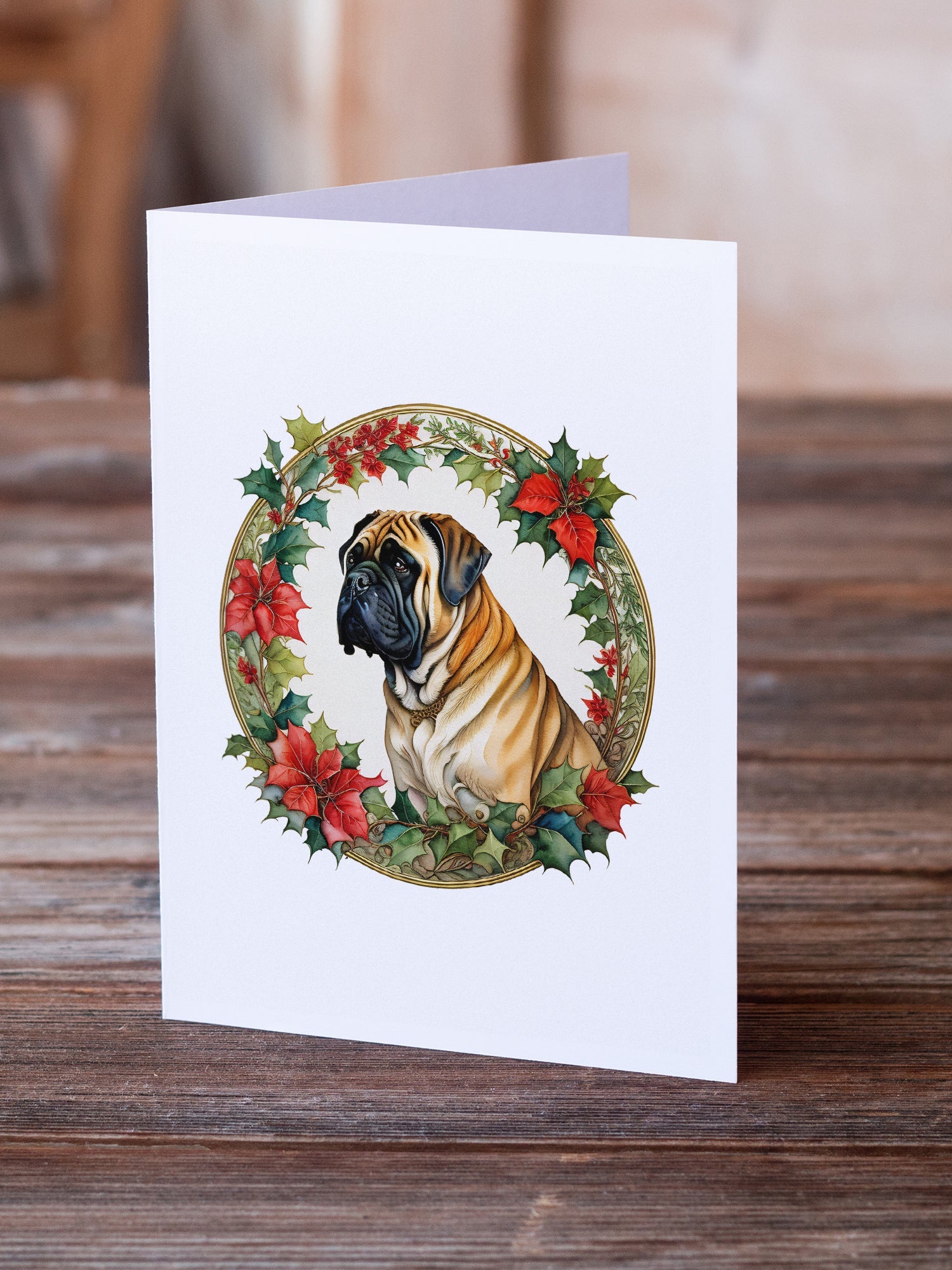 Mastiff Christmas Flowers Greeting Cards Pack of 8 Blank Cards with Envelopes Whimsical A7 Size 5x7