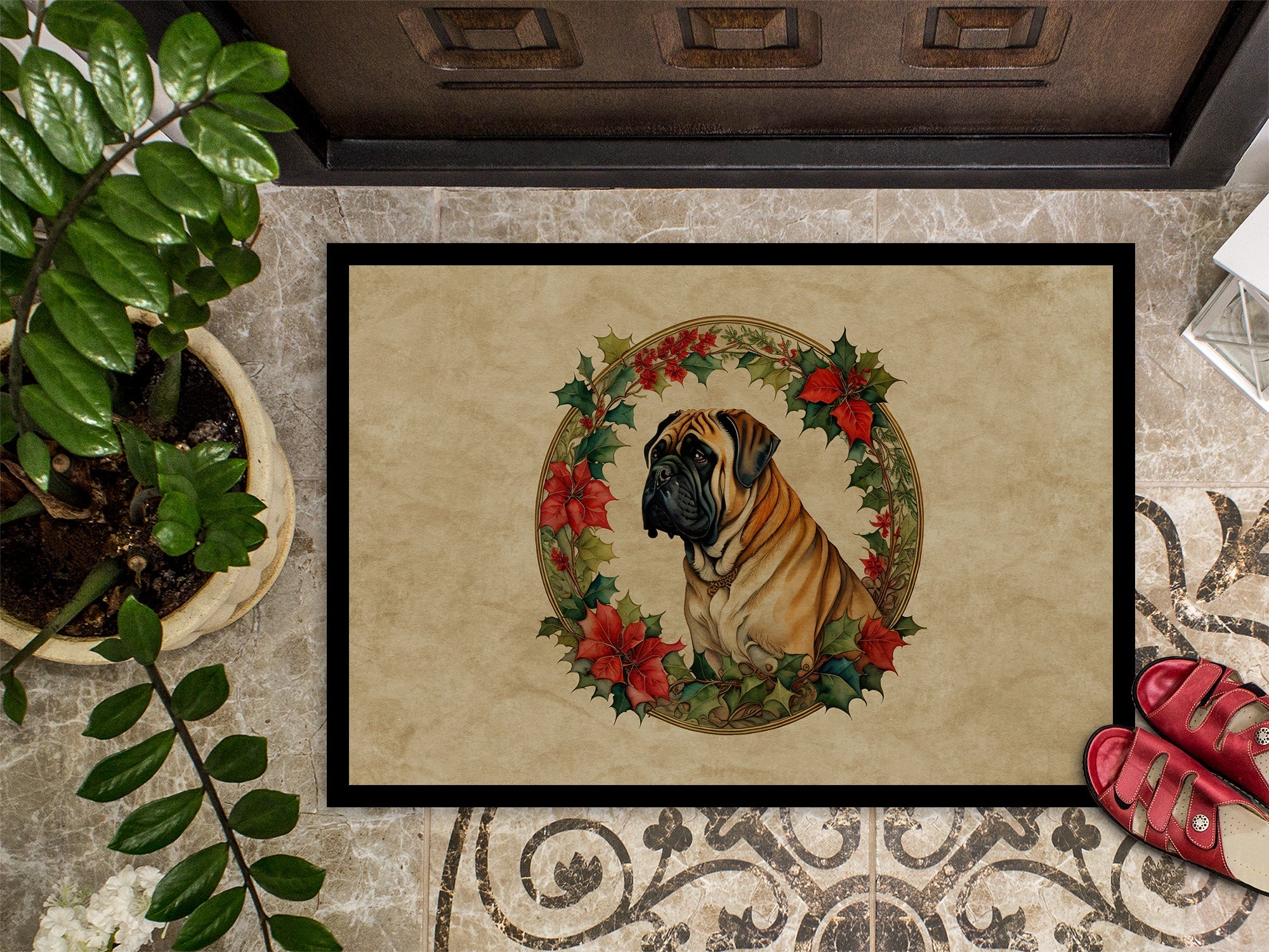Mastiff Christmas Flowers Doormat Indoor Outdoor 24H X 36W Front Door Mat Rugs for Entryway, Non Slip Washable Low Pile,