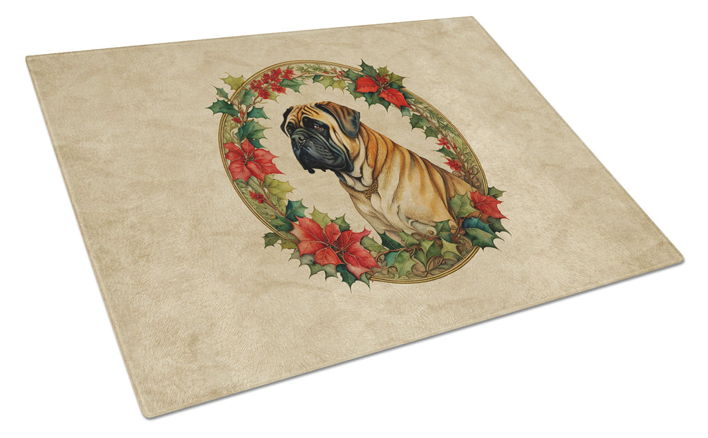 Mastiff Christmas Flowers Cutting Board Tempered Glass Kitchen Cutting Surface, Heat Resistant Chopping, Non-Slip Feet, Food Prep & Serving