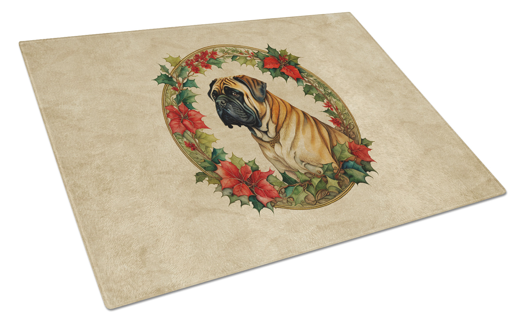 Mastiff Christmas Flowers Cutting Board Tempered Glass Kitchen Cutting Surface, Heat Resistant Chopping, Non-Slip Feet, Food Prep & Serving