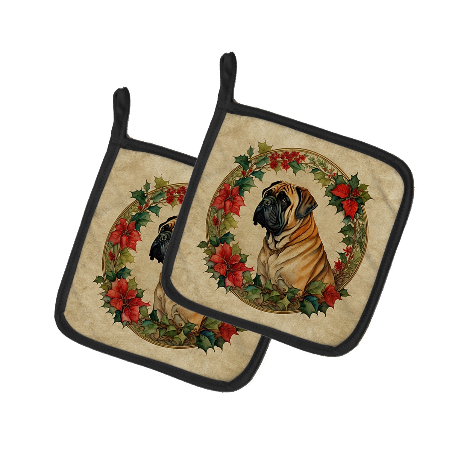 Mastiff Christmas Flowers Pot Holder Set of 2 Heat Resistant Quilted Hot Pads 7.5 x 7.5 Inch, Insulated Kitchen Trivets for Cooking & Baking