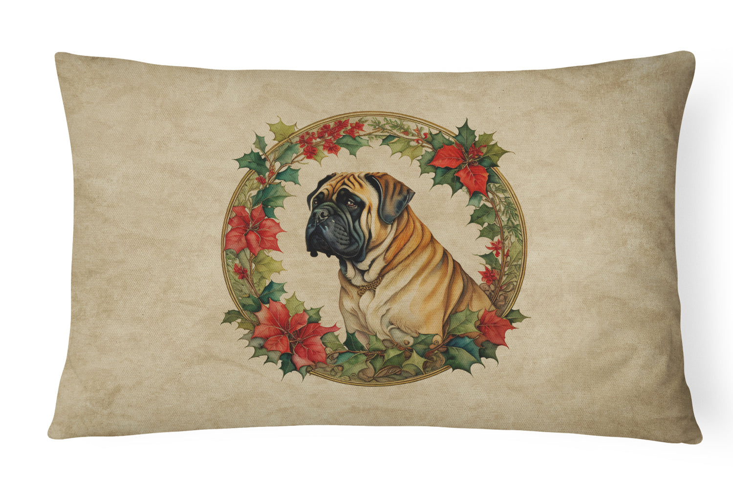 Mastiff Christmas Flowers Decorative Throw Pillow 12x16 Indoor Outdoor Accent Cushion, Fabric Cover with Insert for Sofa, Bed, Porch & Living Room