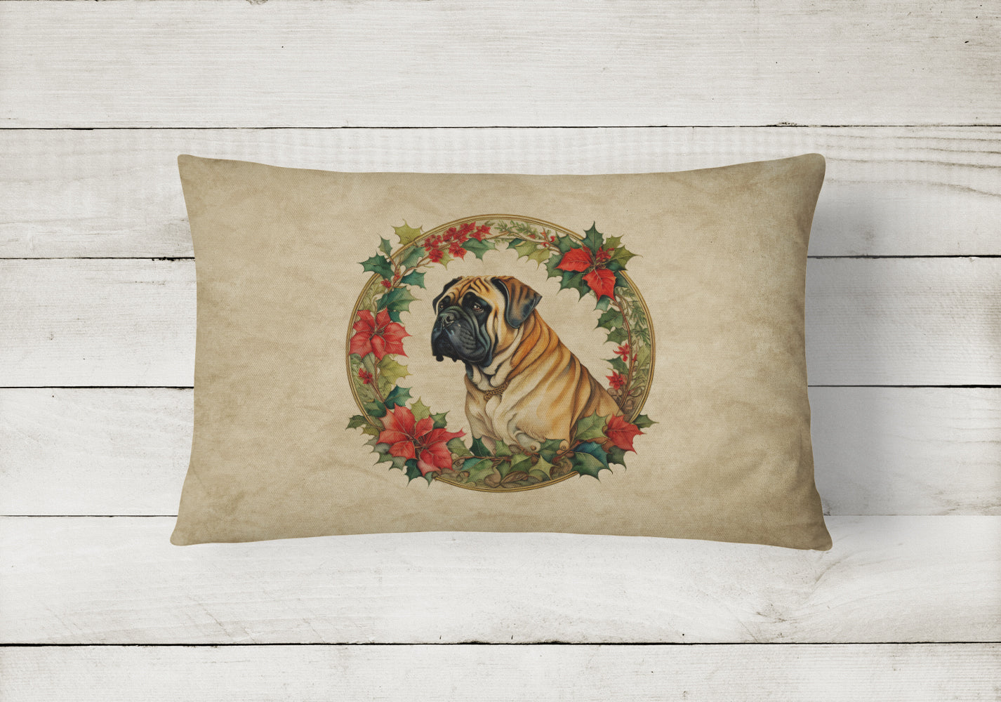 Mastiff Christmas Flowers Decorative Throw Pillow 12x16 Indoor Outdoor Accent Cushion, Fabric Cover with Insert for Sofa, Bed, Porch & Living Room
