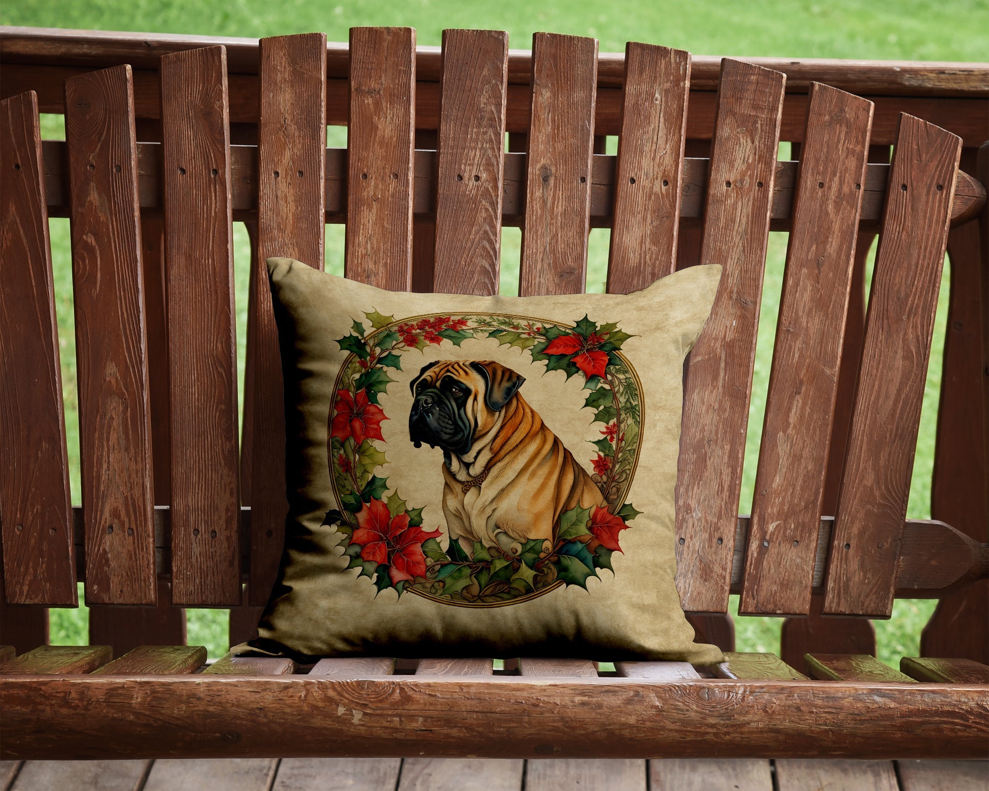Mastiff Christmas Flowers Decorative Throw Pillow 14x14 Indoor Outdoor Accent Cushion, Fabric Cover with Insert for Sofa, Bed, Porch & Living Room