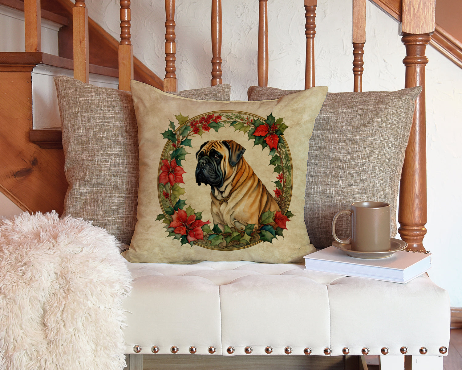 Mastiff Christmas Flowers Decorative Throw Pillow 14x14 Indoor Outdoor Accent Cushion, Fabric Cover with Insert for Sofa, Bed, Porch & Living Room