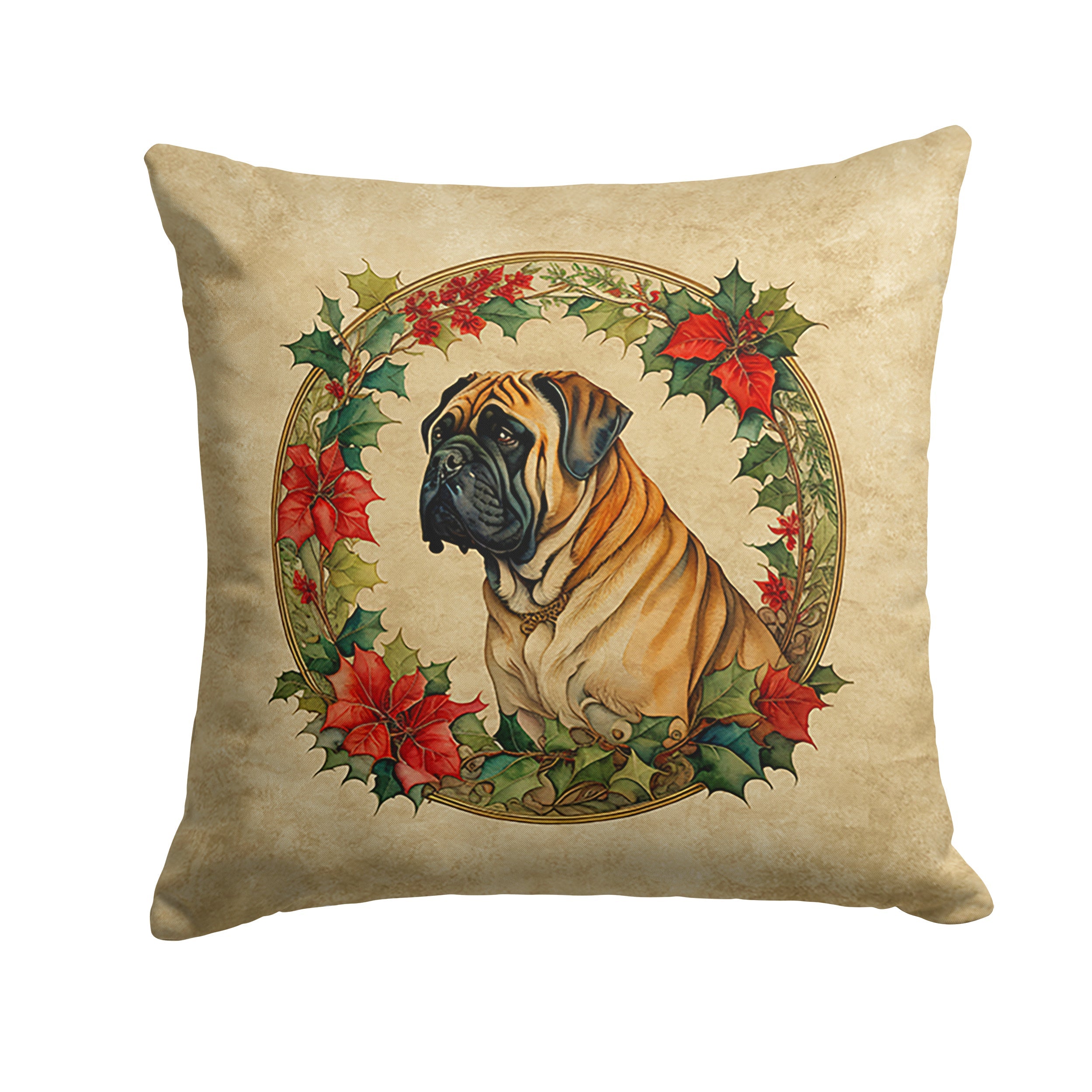 Mastiff Christmas Flowers Decorative Throw Pillow 18x18 Indoor Outdoor Accent Cushion, Fabric Cover with Insert for Sofa, Bed, Porch & Living Room