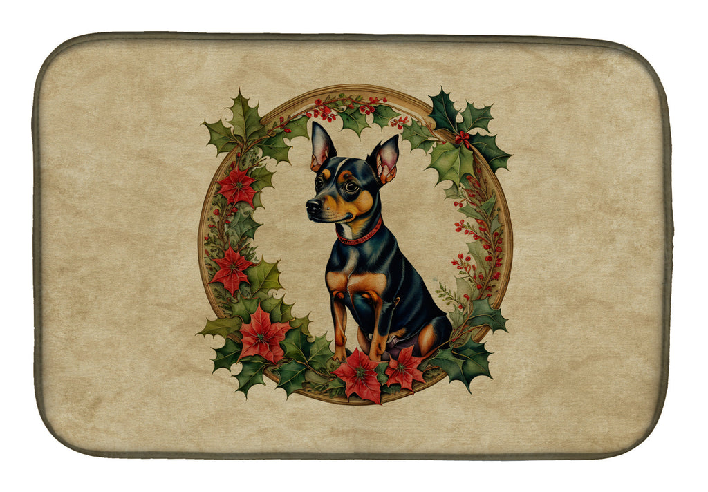 Miniature Pinscher Christmas Flowers Dish Drying Mat Absorbent Dish Drying Mat Pad for Kitchen Counter Dish Drainer Mat for Countertop, 14 x 21", Multicolor