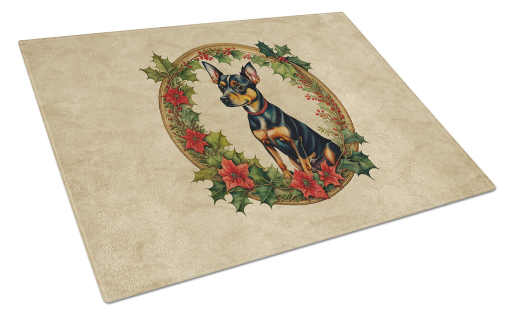 Miniature Pinscher Christmas Flowers Cutting Board Tempered Glass Kitchen Cutting Surface, Heat Resistant Chopping, Non-Slip Feet, Food Prep & Serving