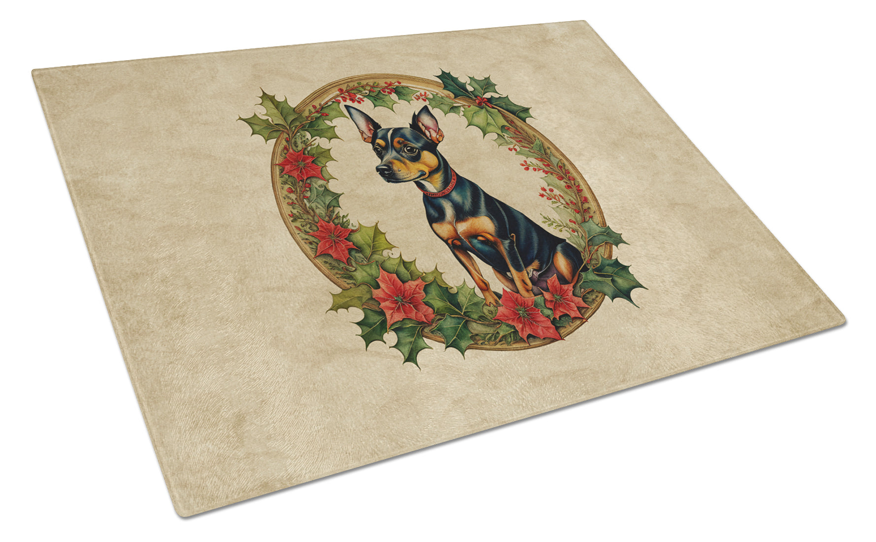 Miniature Pinscher Christmas Flowers Cutting Board Tempered Glass Kitchen Cutting Surface, Heat Resistant Chopping, Non-Slip Feet, Food Prep & Serving