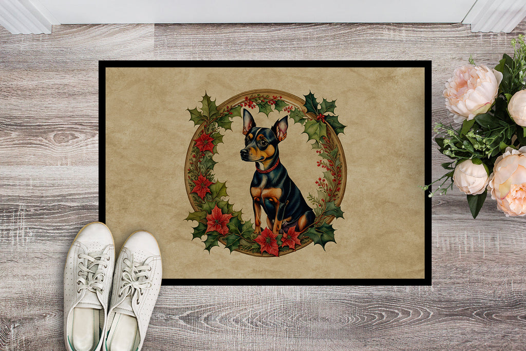 Miniature Pinscher Christmas Flowers Doormat Indoor Outdoor 18H X 27W Front Door Mat Rugs for Entryway, Non Slip Washable