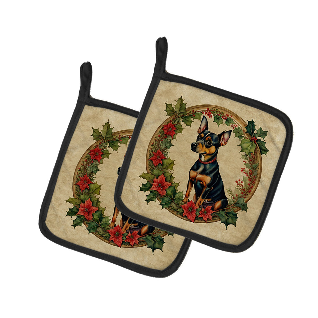 Miniature Pinscher Christmas Flowers Pot Holder Set of 2 Heat Resistant Quilted Hot Pads 7.5 x 7.5 Inch, Insulated Kitchen Trivets for Cooking & Baking