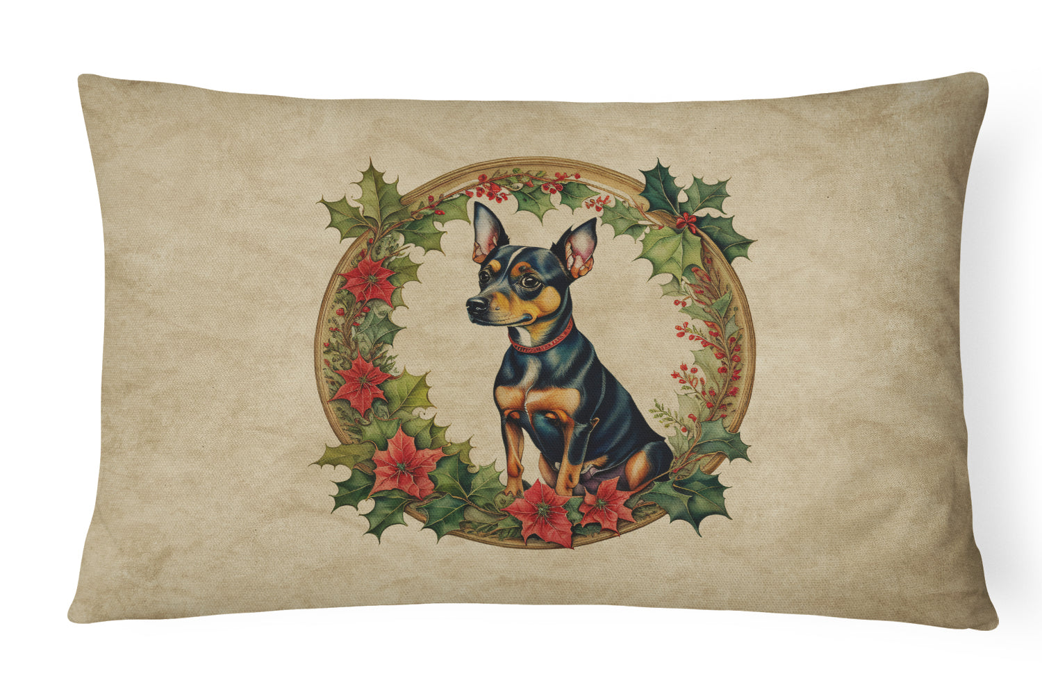 Miniature Pinscher Christmas Flowers Decorative Throw Pillow 12x16 Indoor Outdoor Accent Cushion, Fabric Cover with Insert for Sofa, Bed, Porch & Living Room