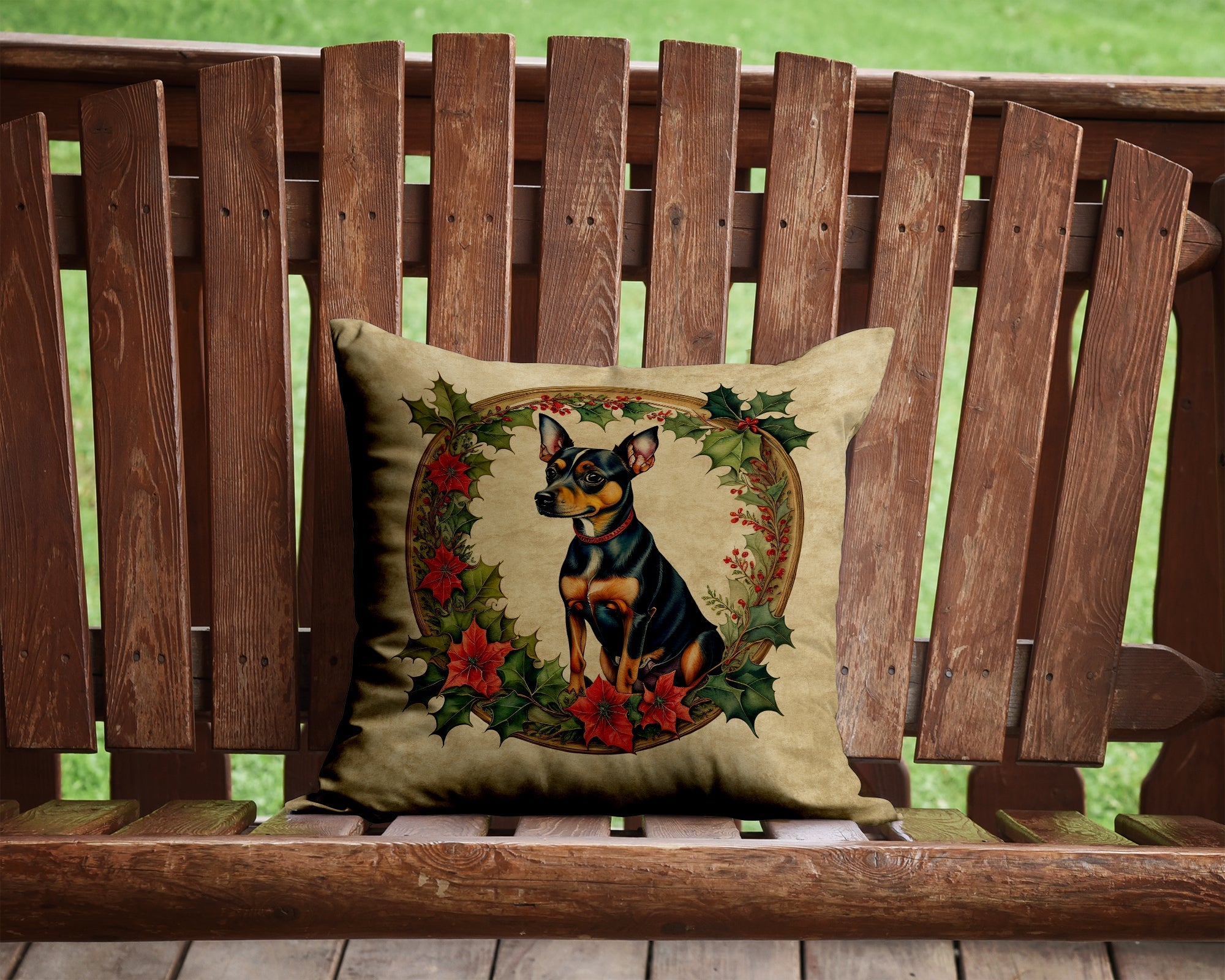 Miniature Pinscher Christmas Flowers Decorative Throw Pillow 14x14 Indoor Outdoor Accent Cushion, Fabric Cover with Insert for Sofa, Bed, Porch & Living Room