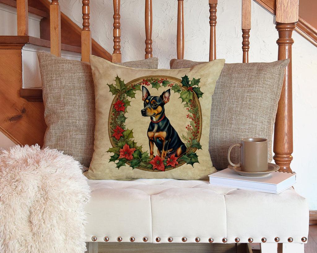 Miniature Pinscher Christmas Flowers Decorative Throw Pillow 14x14 Indoor Outdoor Accent Cushion, Fabric Cover with Insert for Sofa, Bed, Porch & Living Room