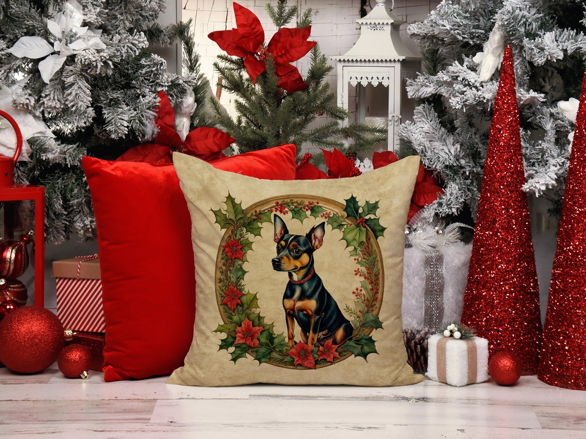 Miniature Pinscher Christmas Flowers Decorative Throw Pillow 18x18 Indoor Outdoor Accent Cushion, Fabric Cover with Insert for Sofa, Bed, Porch & Living Room