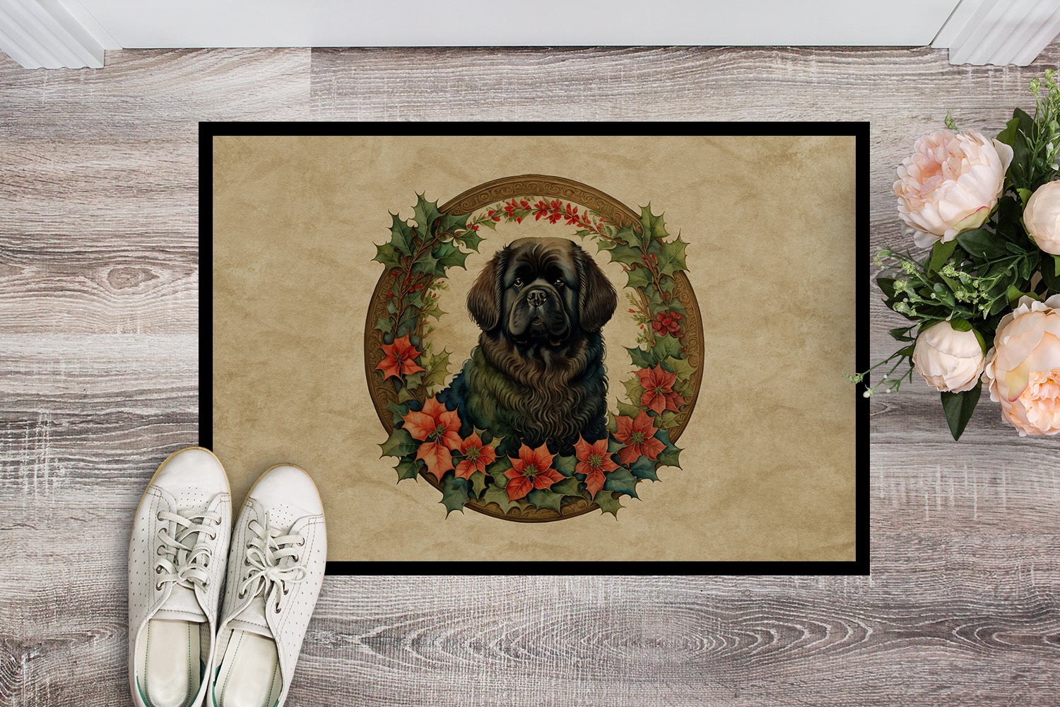 Newfoundland Christmas Flowers Doormat Indoor Outdoor 18H X 27W Front Door Mat Rugs for Entryway, Non Slip Washable