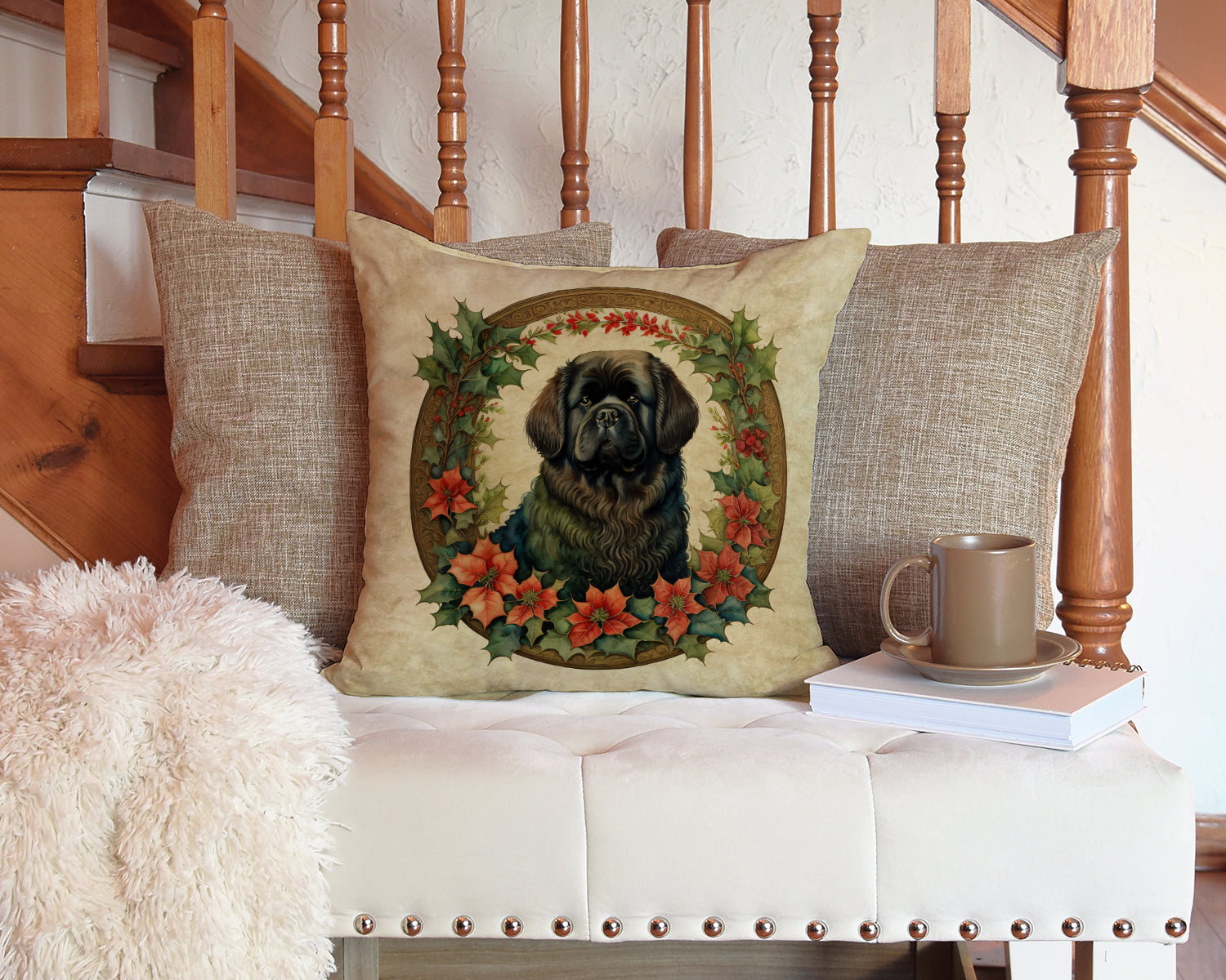 Newfoundland Christmas Flowers Decorative Throw Pillow 14x14 Indoor Outdoor Accent Cushion, Fabric Cover with Insert for Sofa, Bed, Porch & Living Room