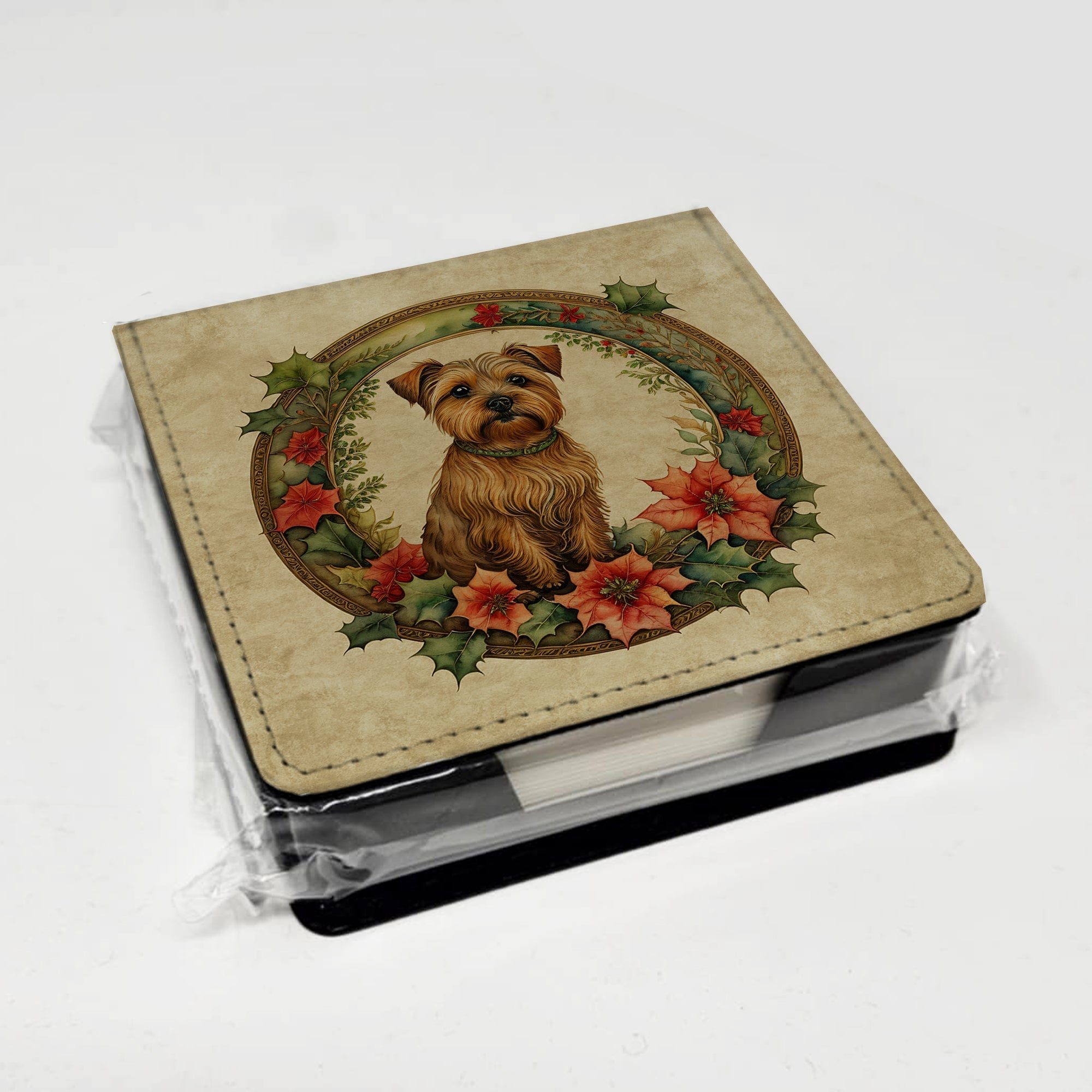 Norfolk Terrier Christmas Flowers PU Leather Note Paper Holder with Artist-Designed Cover, Desk Accessory, Office Gift