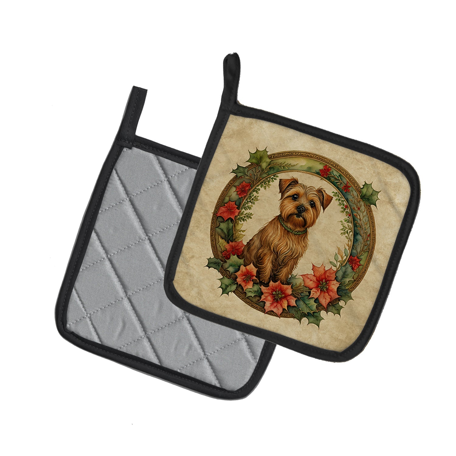 Norfolk Terrier Christmas Flowers Pot Holder Set of 2 Heat Resistant Quilted Hot Pads 7.5 x 7.5 Inch, Insulated Kitchen Trivets for Cooking & Baking