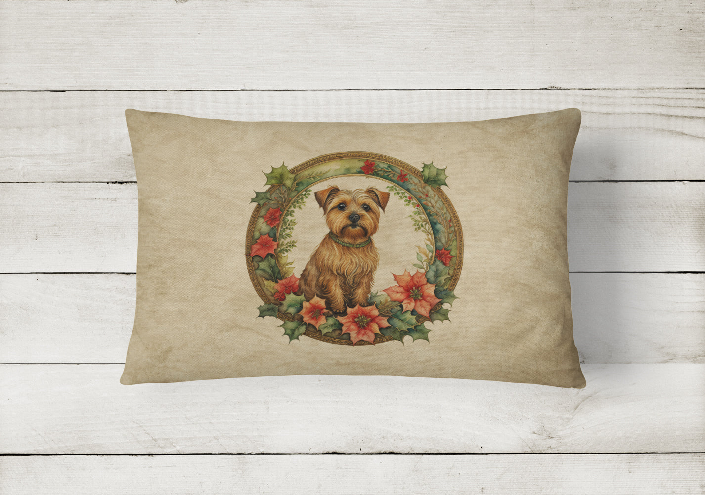 Norfolk Terrier Christmas Flowers Decorative Throw Pillow 12x16 Indoor Outdoor Accent Cushion, Fabric Cover with Insert for Sofa, Bed, Porch & Living Room
