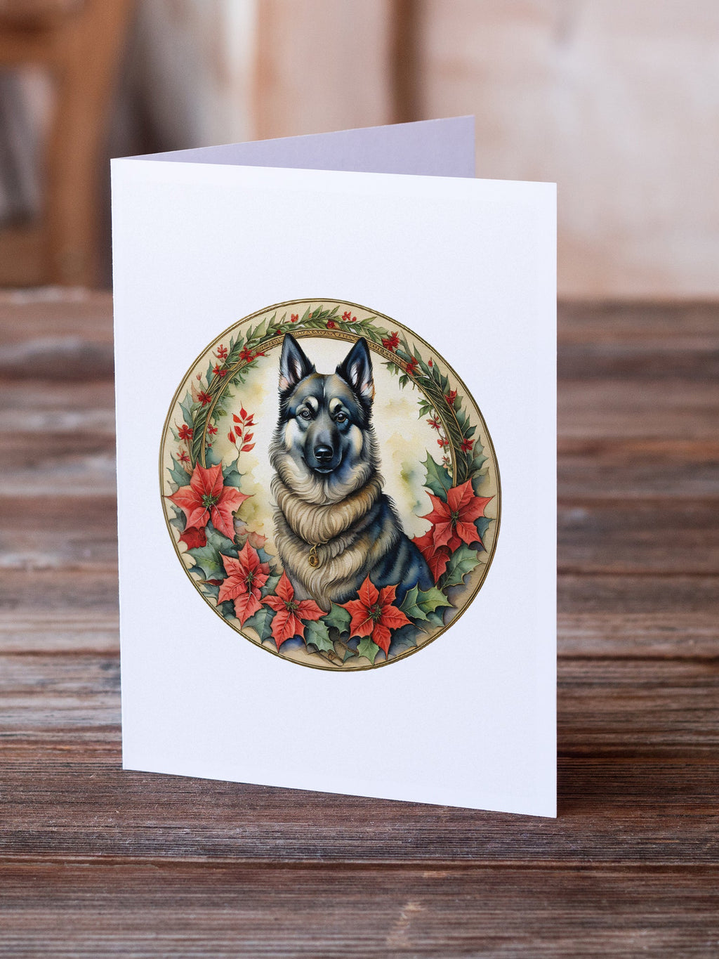 Norwegian Elkhound Christmas Flowers Greeting Cards Pack of 8 Blank Cards with Envelopes Whimsical A7 Size 5x7