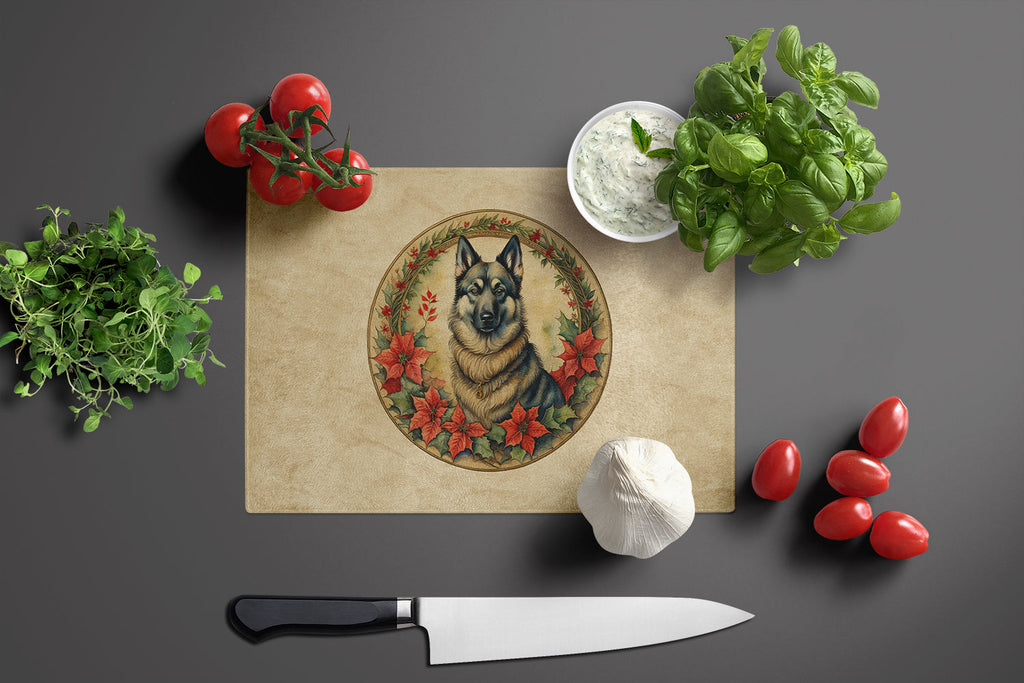 Norwegian Elkhound Christmas Flowers Cutting Board Tempered Glass Kitchen Cutting Surface, Heat Resistant Chopping, Non-Slip Feet, Food Prep & Serving