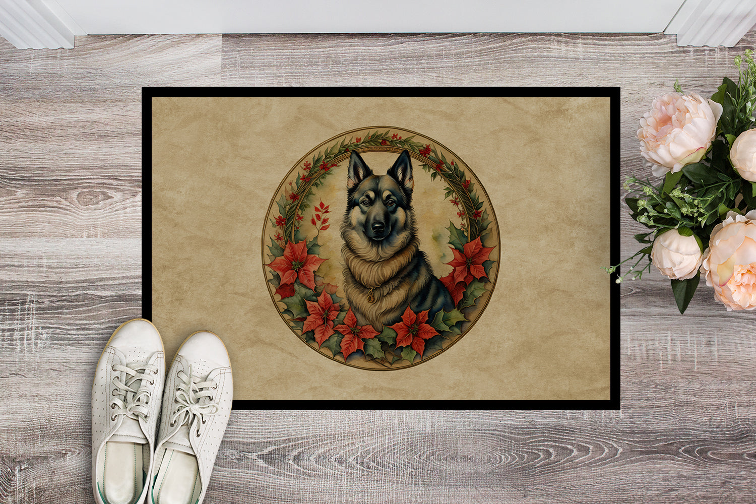 Norwegian Elkhound Christmas Flowers Doormat Indoor Outdoor 18H X 27W Front Door Mat Rugs for Entryway, Non Slip Washable