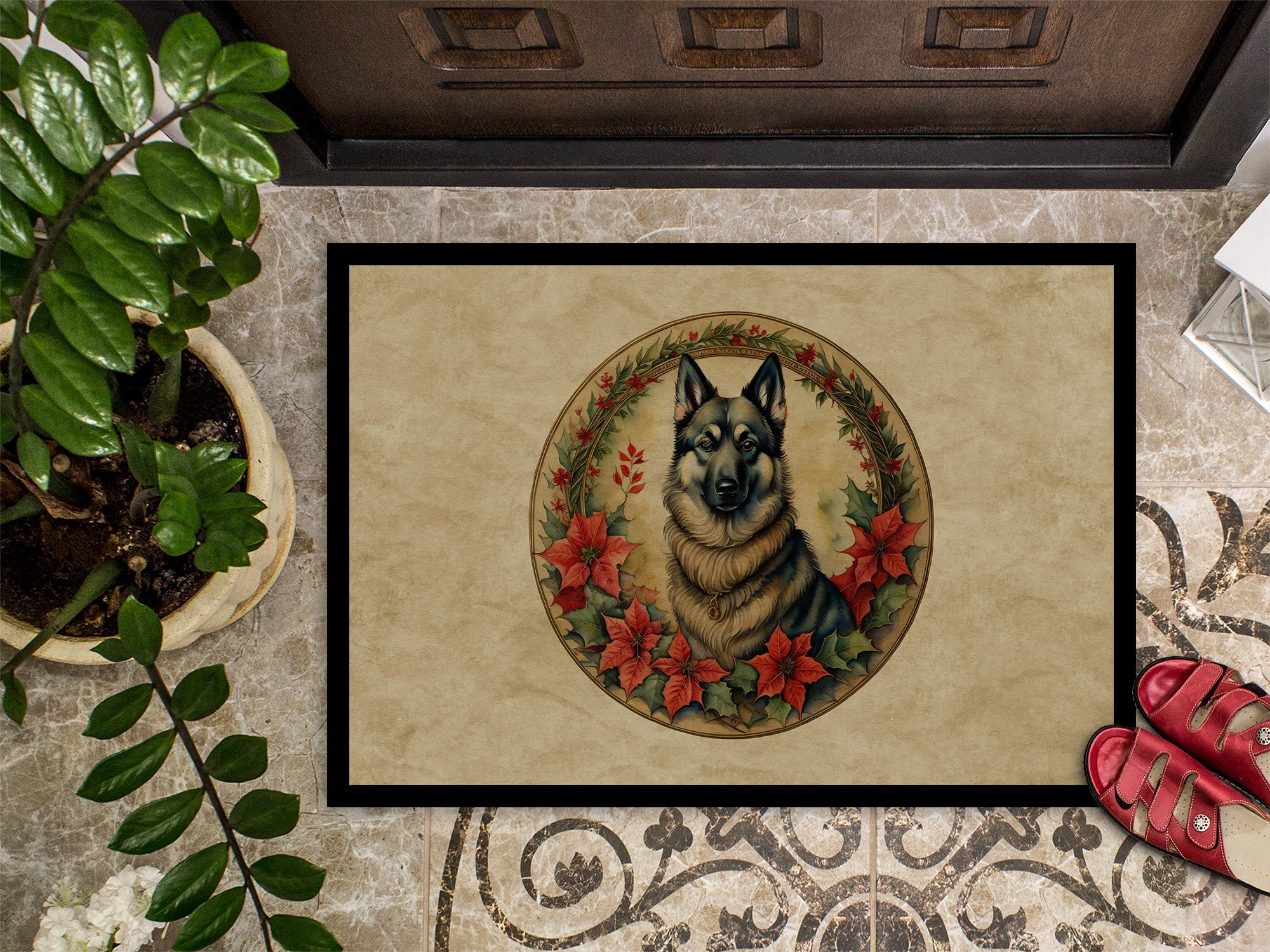 Norwegian Elkhound Christmas Flowers Doormat Indoor Outdoor 18H X 27W Front Door Mat Rugs for Entryway, Non Slip Washable