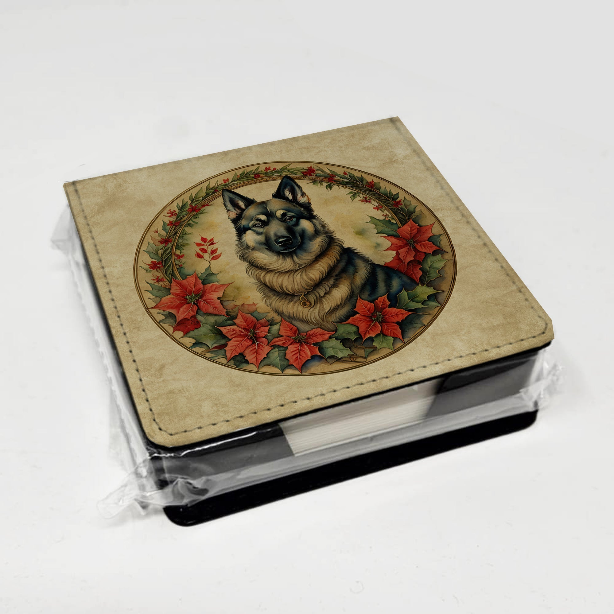 Norwegian Elkhound Christmas Flowers PU Leather Note Paper Holder with Artist-Designed Cover, Desk Accessory, Office Gift