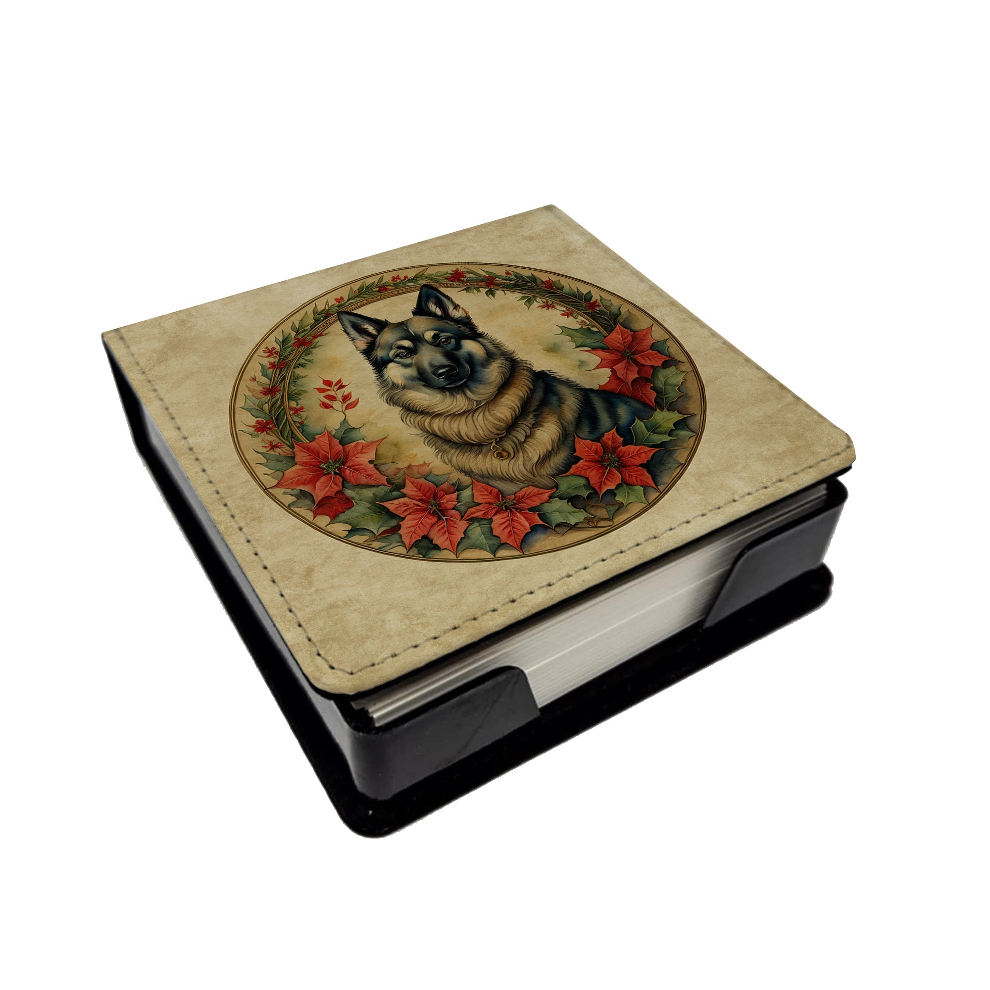 Norwegian Elkhound Christmas Flowers PU Leather Note Paper Holder with Artist-Designed Cover, Desk Accessory, Office Gift