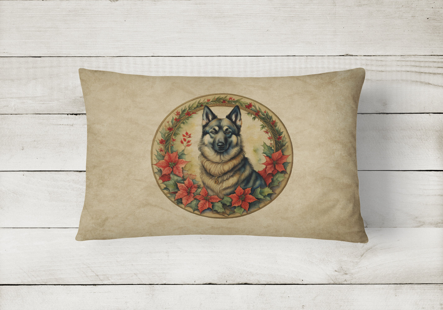 Norwegian Elkhound Christmas Flowers Decorative Throw Pillow 12x16 Indoor Outdoor Accent Cushion, Fabric Cover with Insert for Sofa, Bed, Porch & Living Room