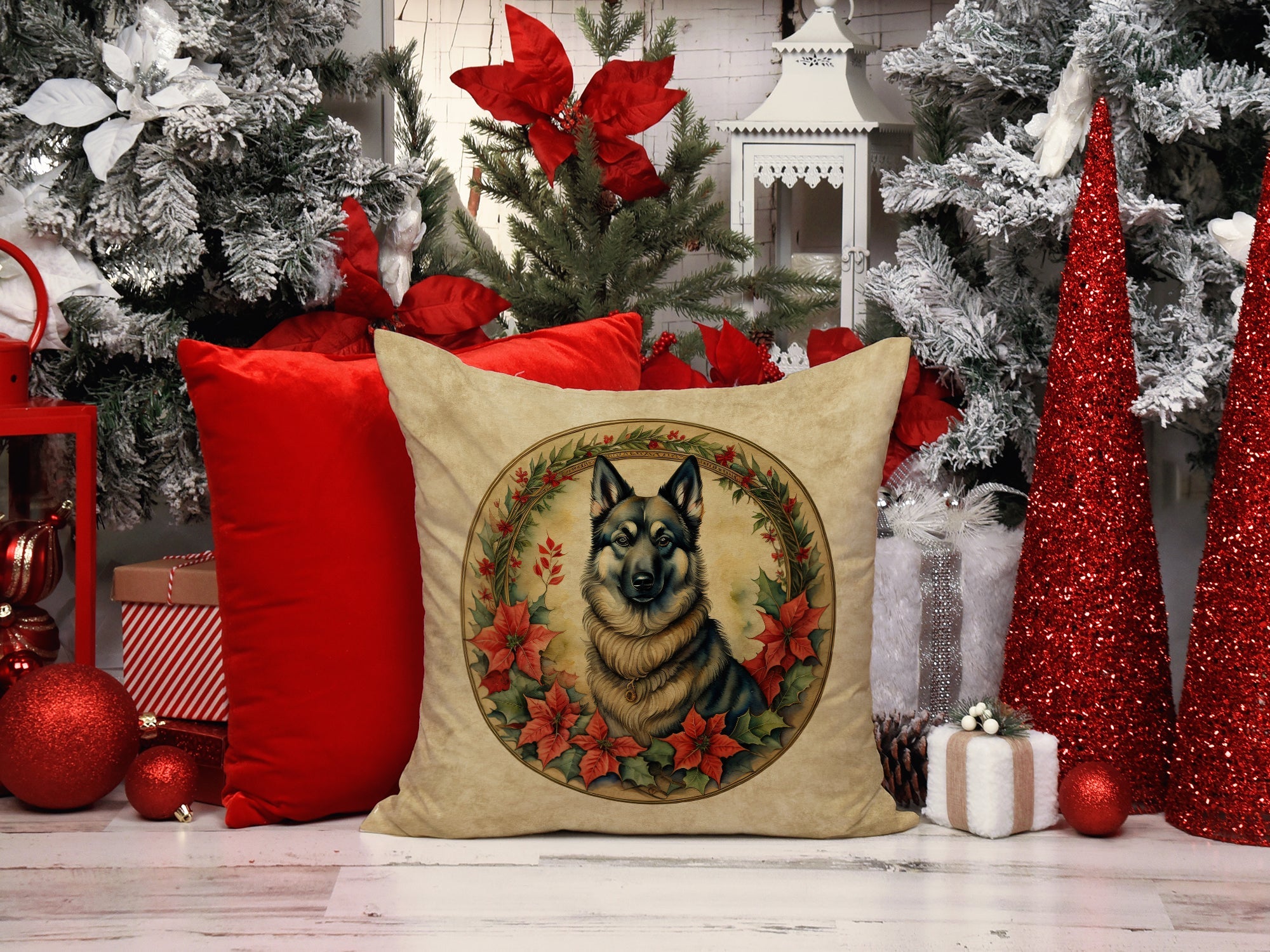 Norwegian Elkhound Christmas Flowers Decorative Throw Pillow 18x18 Indoor Outdoor Accent Cushion, Fabric Cover with Insert for Sofa, Bed, Porch & Living Room