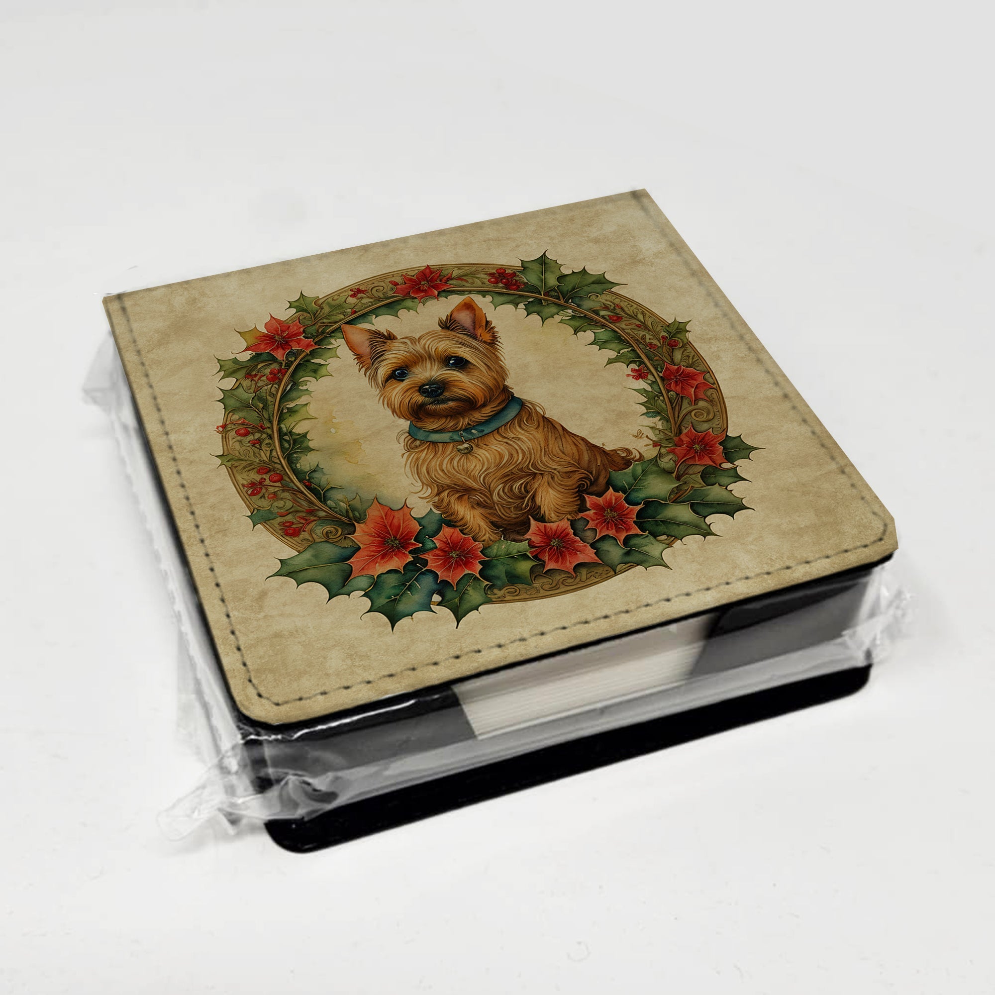 Norwich Terrier Christmas Flowers PU Leather Note Paper Holder with Artist-Designed Cover, Desk Accessory, Office Gift